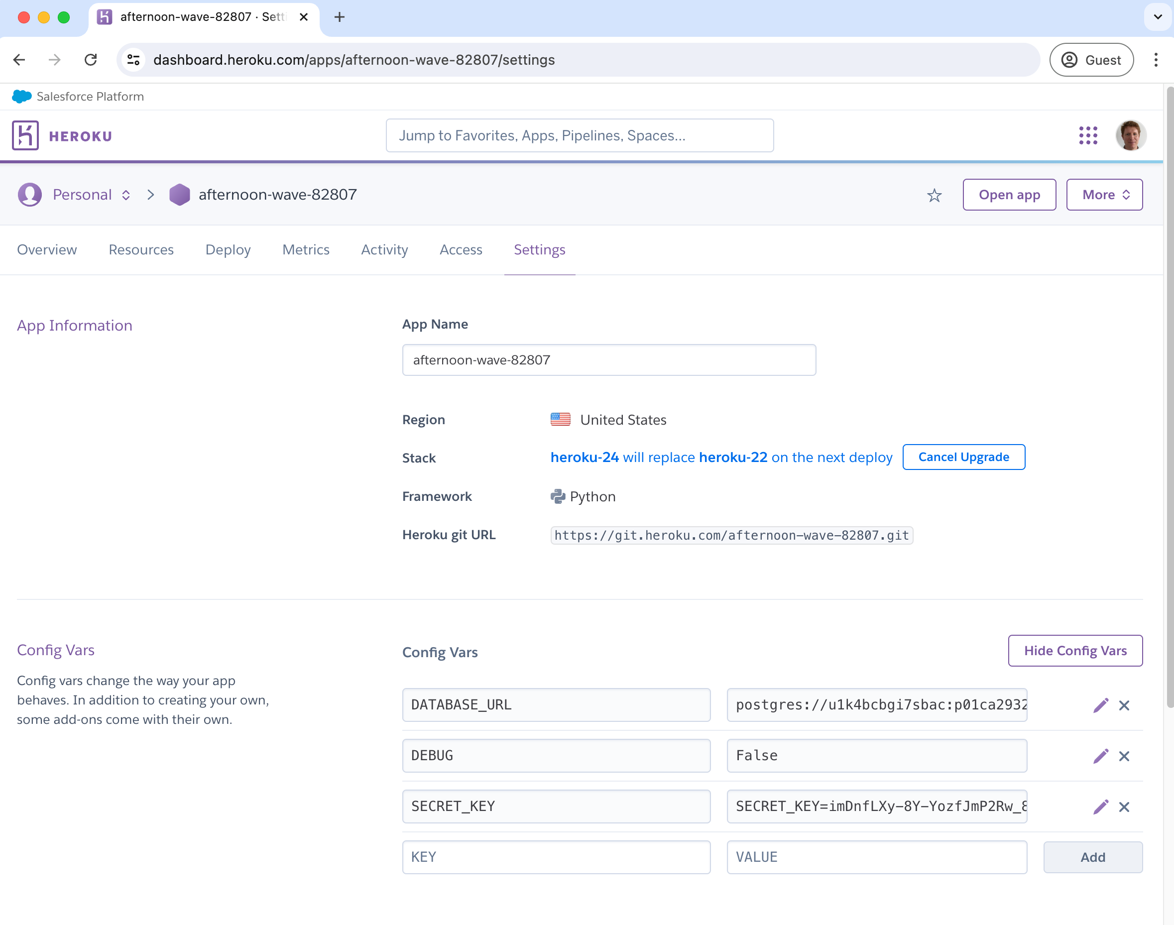 Heroku 仪表板更新后的配置
